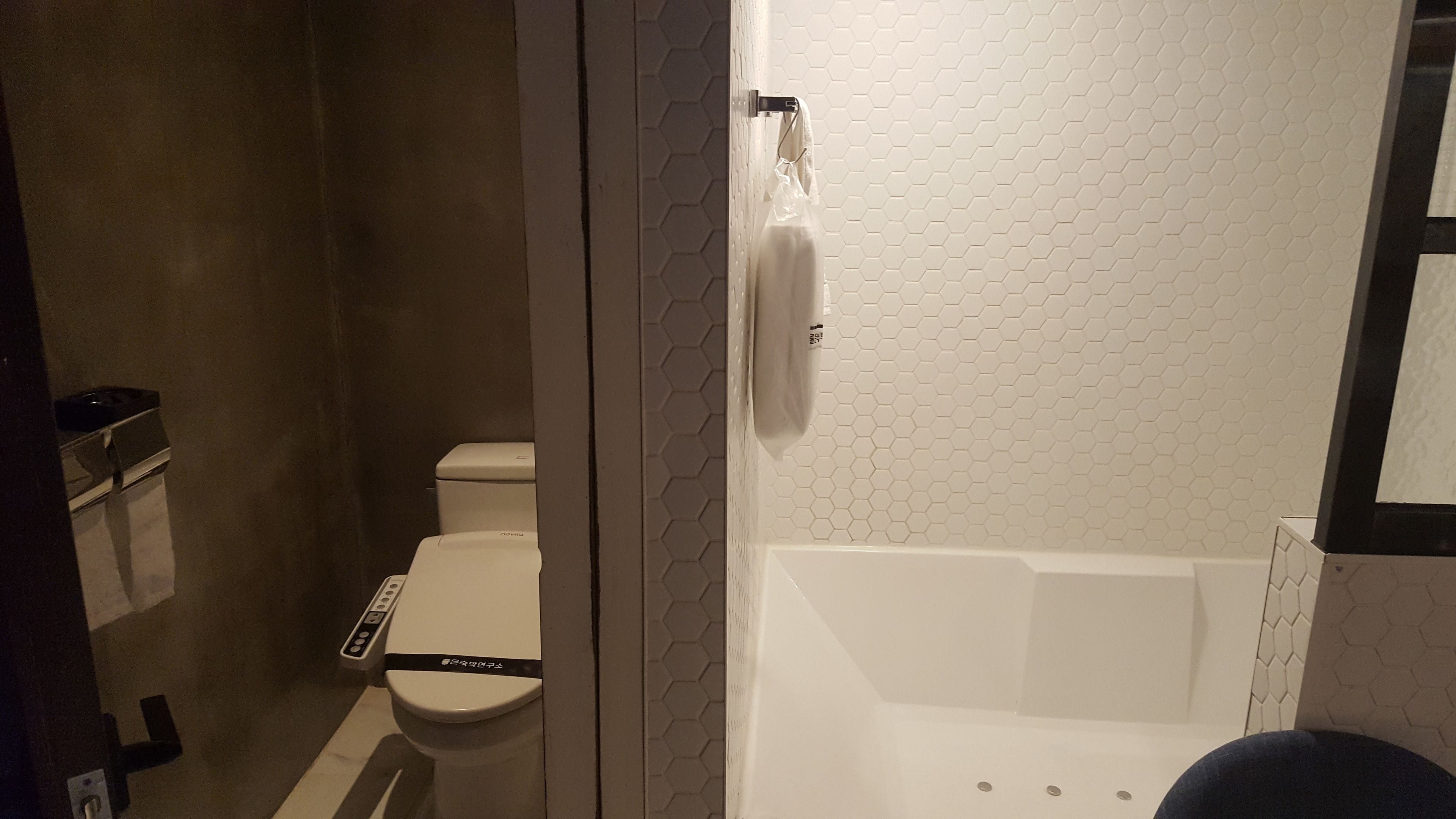 A bathroom with a toilet, a shower area, and a bathtub.