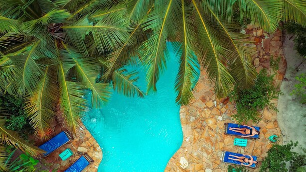 A swimming pool surrounded by stone walls and palm trees. There are lounge chairs and a small deck area. - Demani Lodge (Paje)