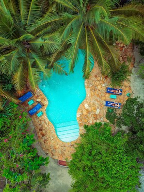 A swimming pool surrounded by stone walls and palm trees. There are lounge chairs and a small deck area. - Demani Lodge (Paje)