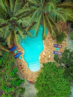 A swimming pool surrounded by stone walls and palm trees. There are lounge chairs and a small deck area.