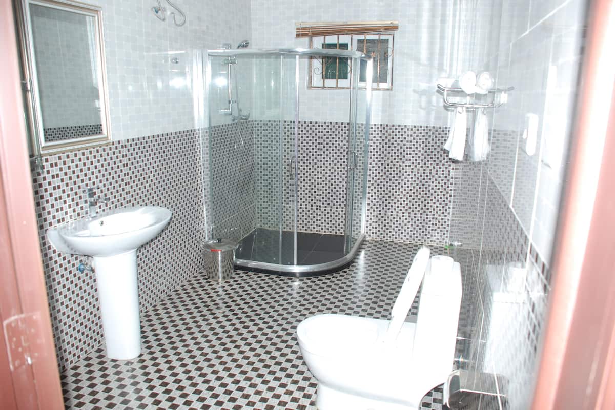 A bathroom with a glass-enclosed shower, a sink, and a toilet.