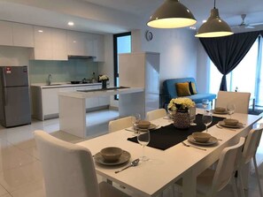 Classic Apartment, 3 Bedrooms, Sea View | Private kitchen | Full-size fridge, microwave, stovetop, electric kettle - LSE Teega Boutique Suites (Iskandar Puteri)