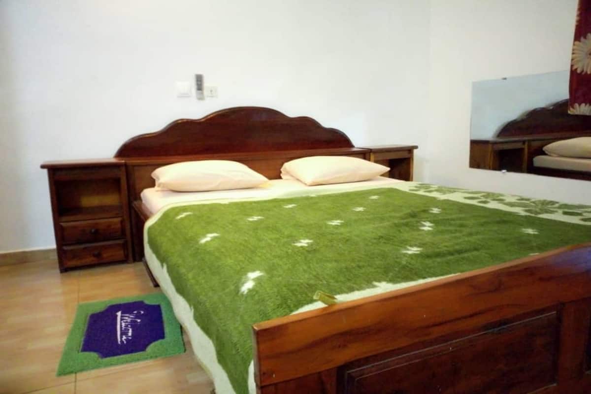 A bedroom with a wooden bed, a nightstand, a dresser, and a green rug.