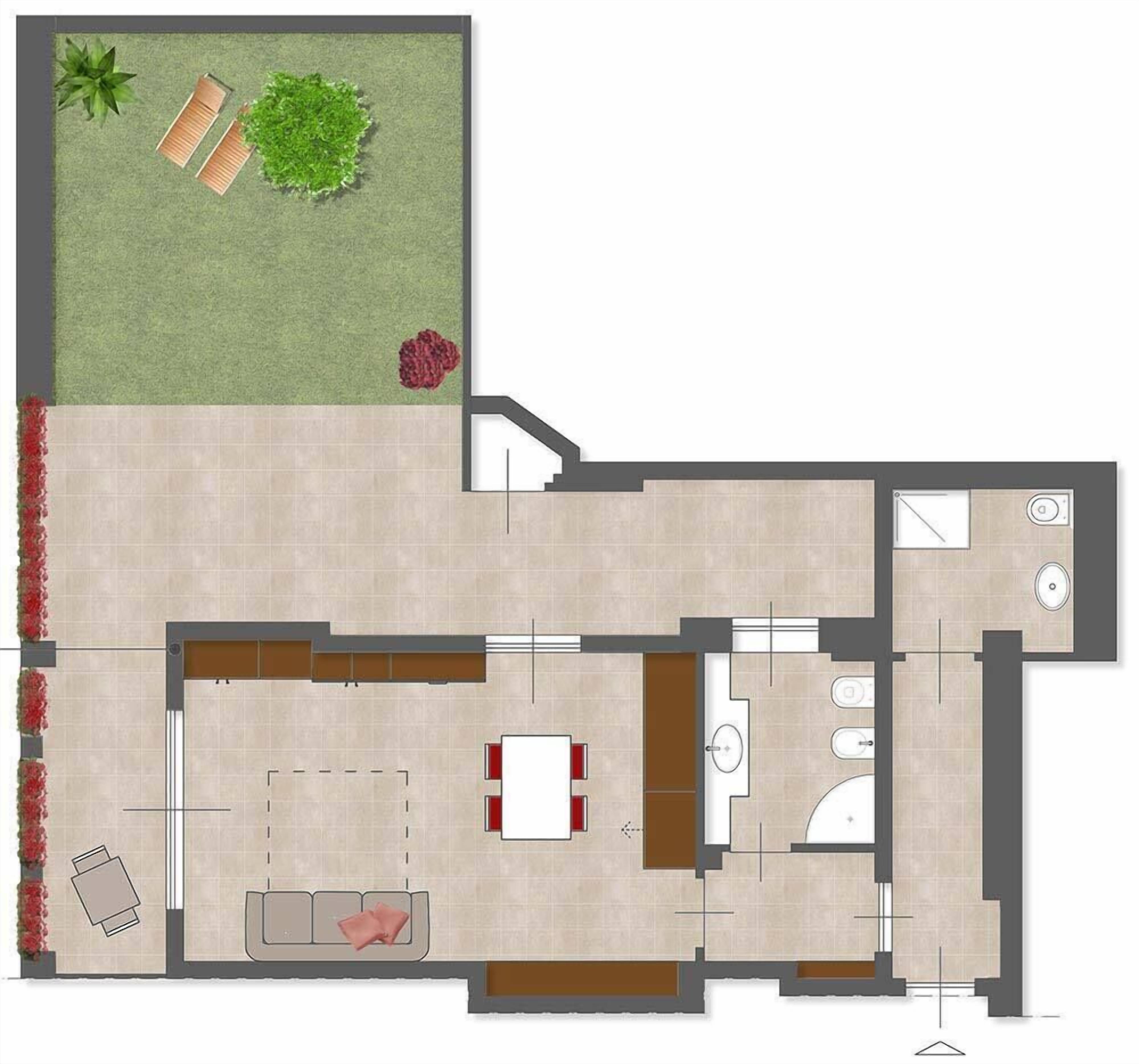 Un plan d’étage d’une chambre d’hôtel comprenant un espace de vie, une petite cuisine, une salle de bain et un balcon donnant sur un jardin.