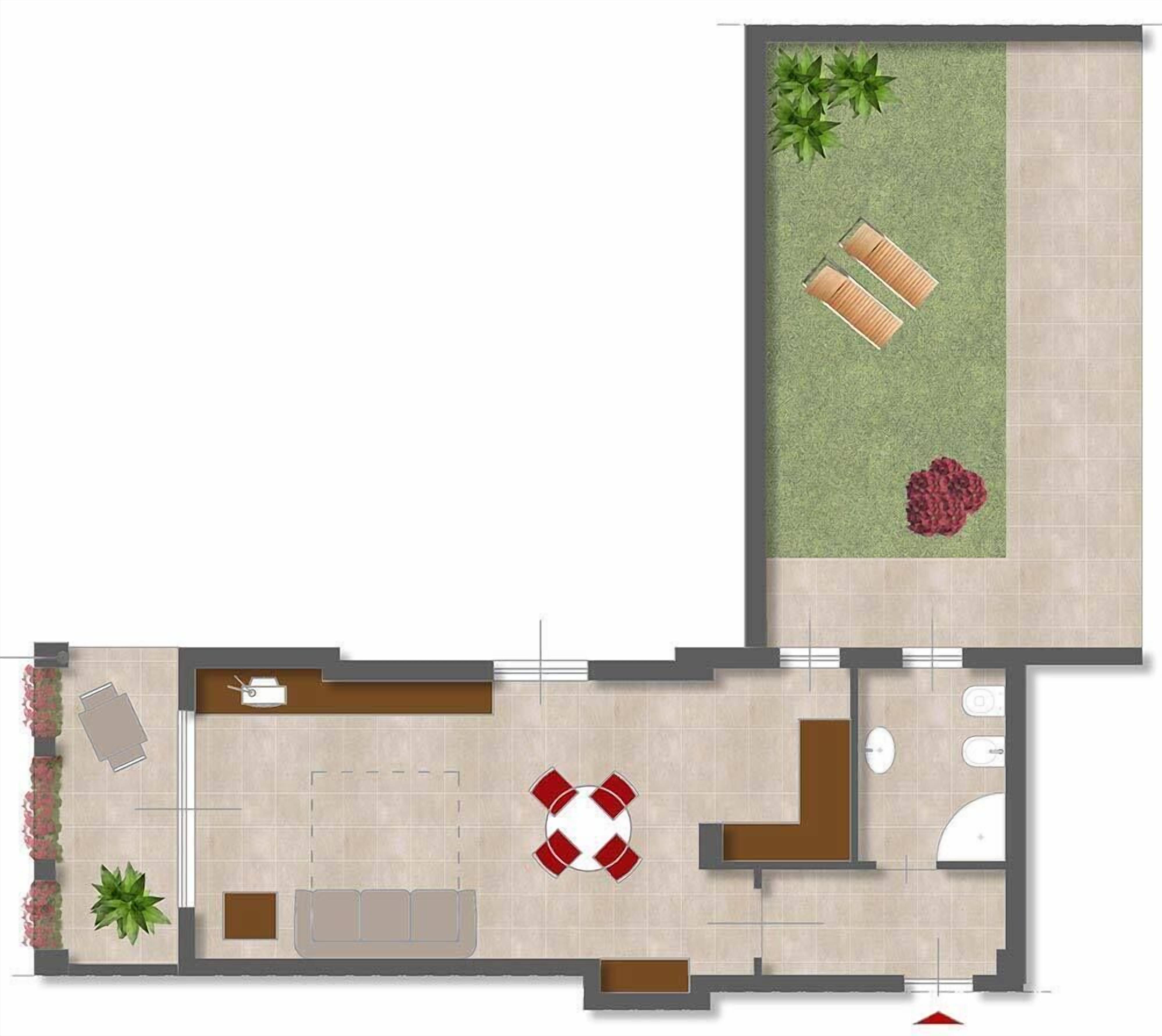 Een plattegrond van een hotelkamer met een zithoek, een klein balkon en een badkamer.