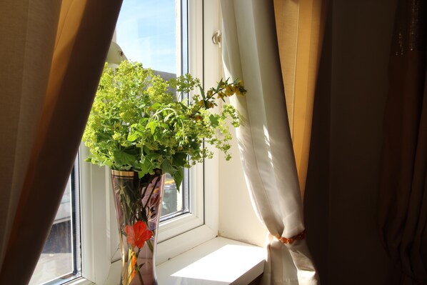 Una ventana con un jarrón de flores en el alféizar.