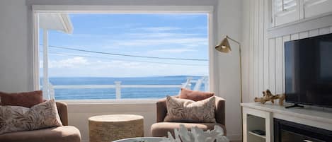 TV connectée, cheminée, livres