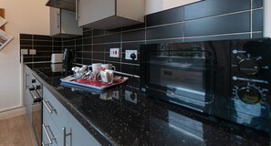 Fridge, microwave, oven, stovetop