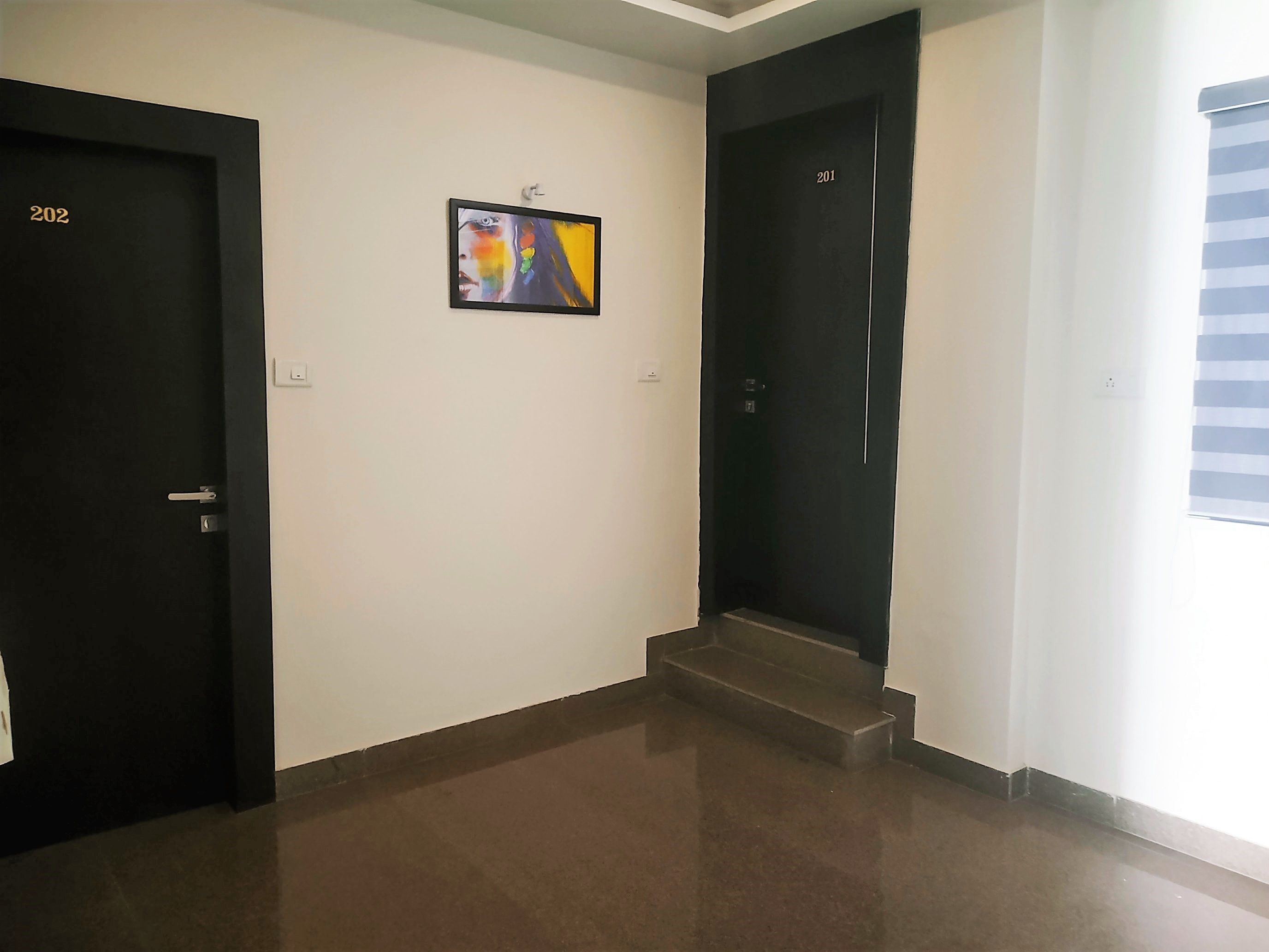 A hallway with two black doors, one labeled 202 and the other 201, a framed abstract painting on the wall, and a window with blinds on the right.