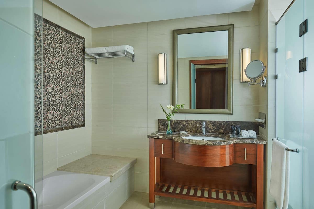 Bañera con ducha, artículos de tocador gratuitos, secador de pelo