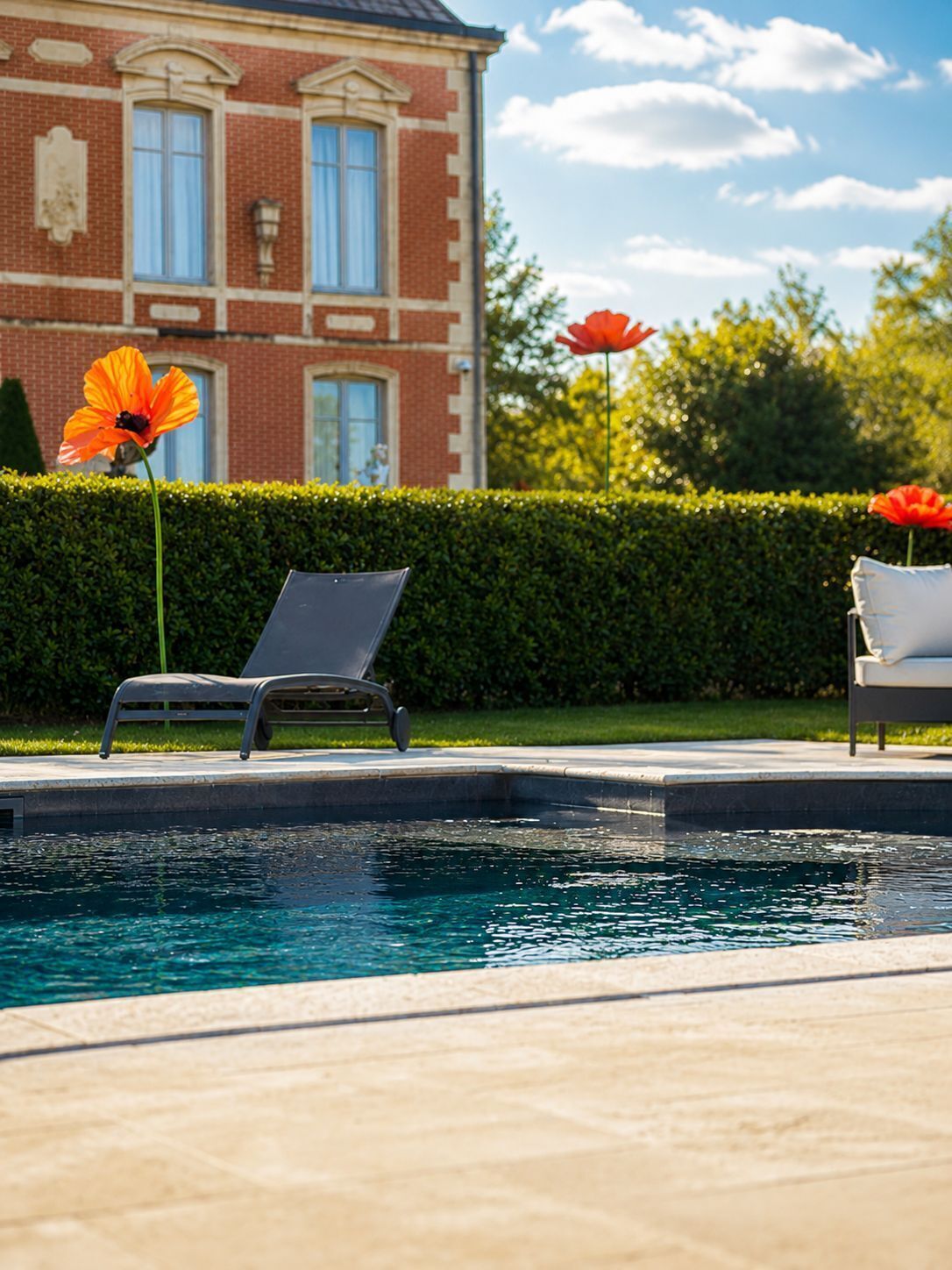 Una piscina con una silla de descanso y un banco, un seto y un edificio de ladrillo al fondo.