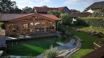 Seasonal outdoor pool, pool umbrellas, pool loungers