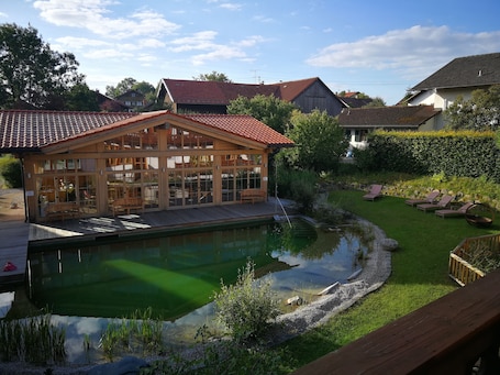 Seasonal outdoor pool, pool umbrellas, sun loungers