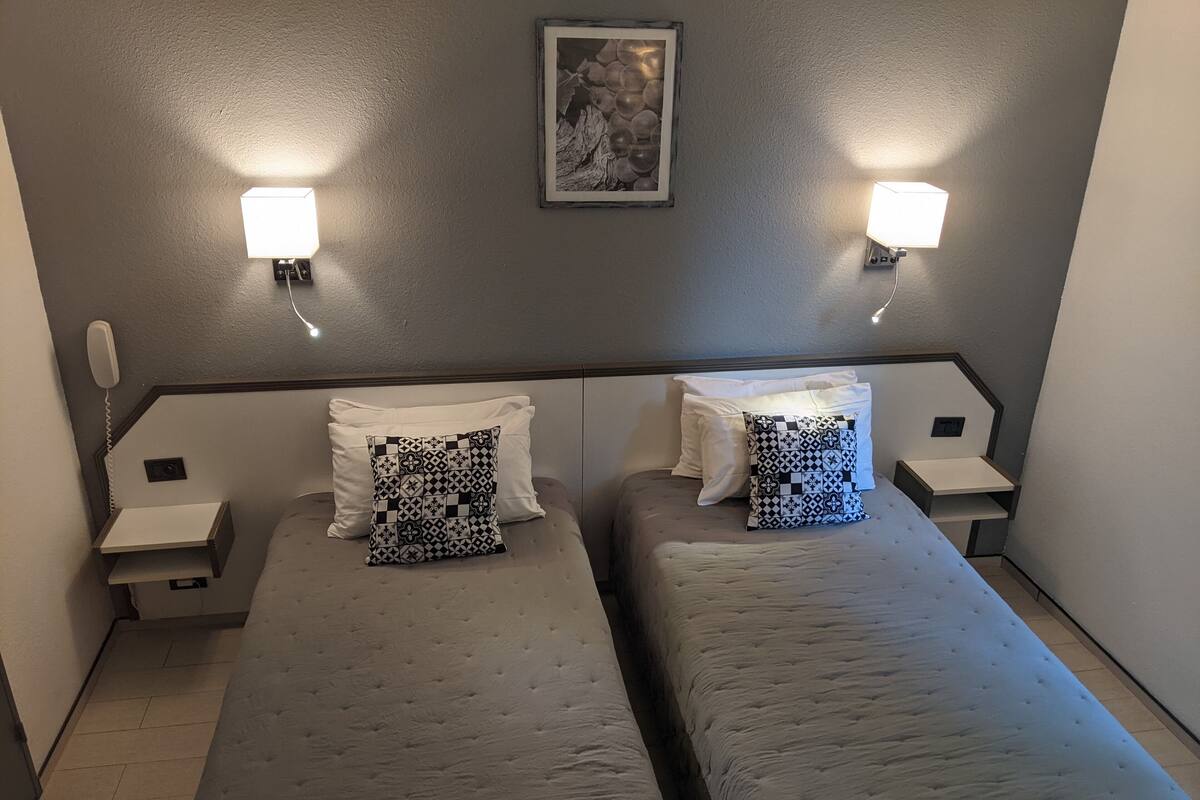 A twin room with two beds, each with a patterned pillow, bedside lamps, a phone, and a framed picture on the wall.
