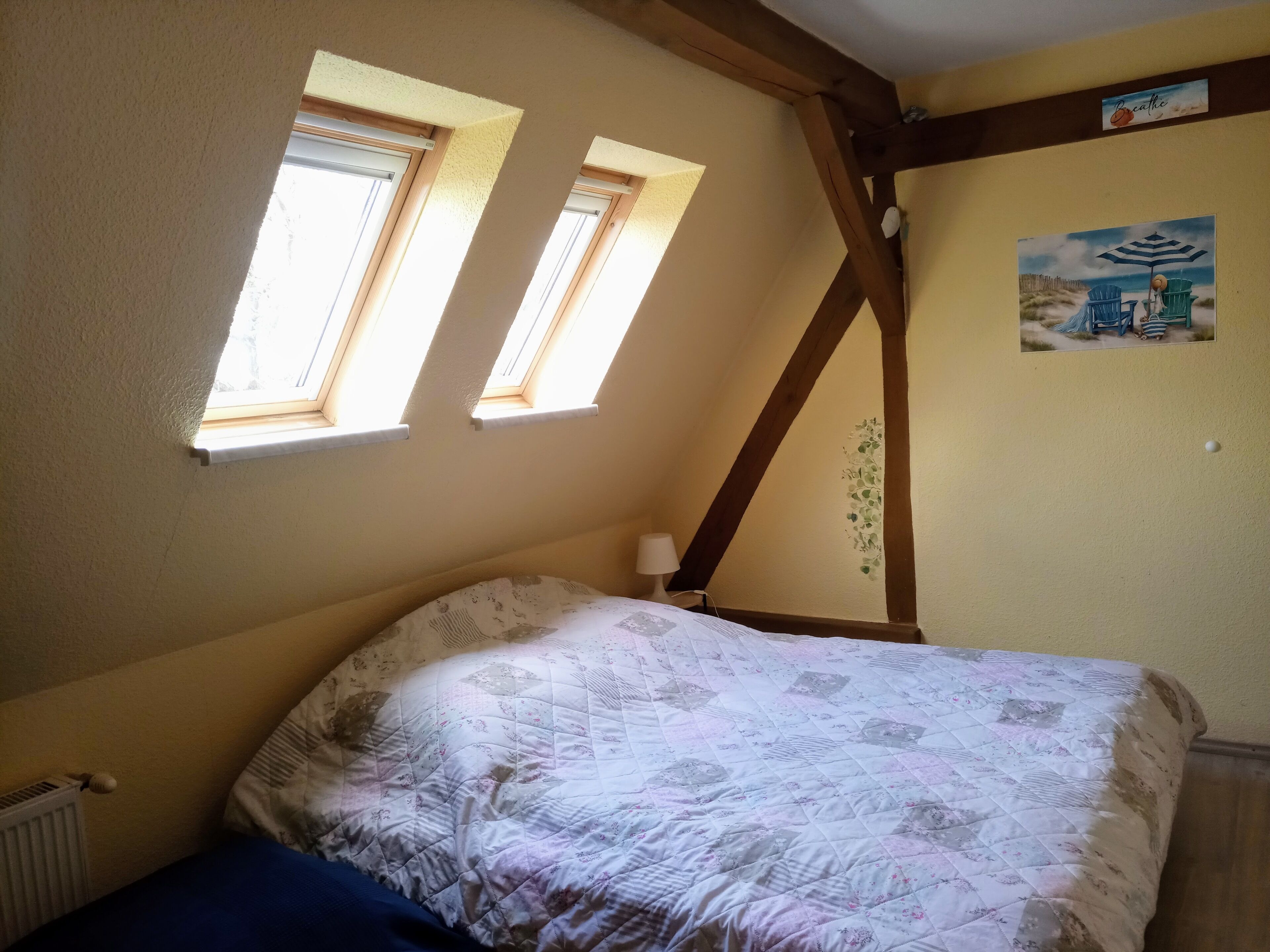 A bedroom with a bed, two skylights, a radiator, and a wall-mounted picture.