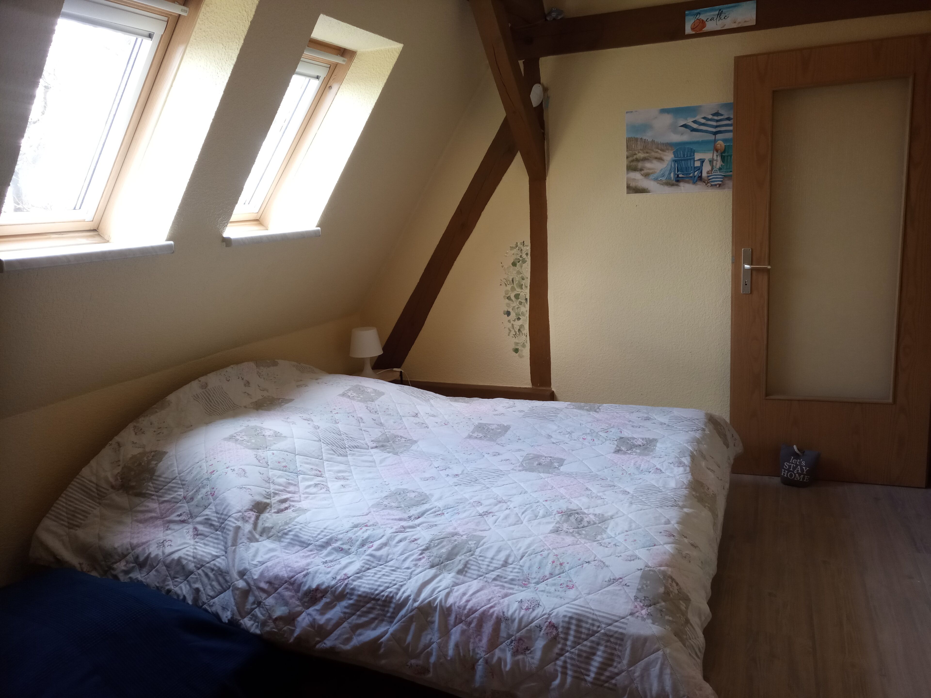 A bedroom with a bed, two skylights, a wooden ceiling, a door, and a wall decoration.