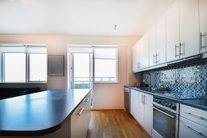 Enjoy cooking in this kitchen with a sleek island, stainless steel appliances, and large windows offering a city view.