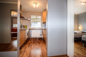 Full-size fridge, oven, stovetop, dishwasher
