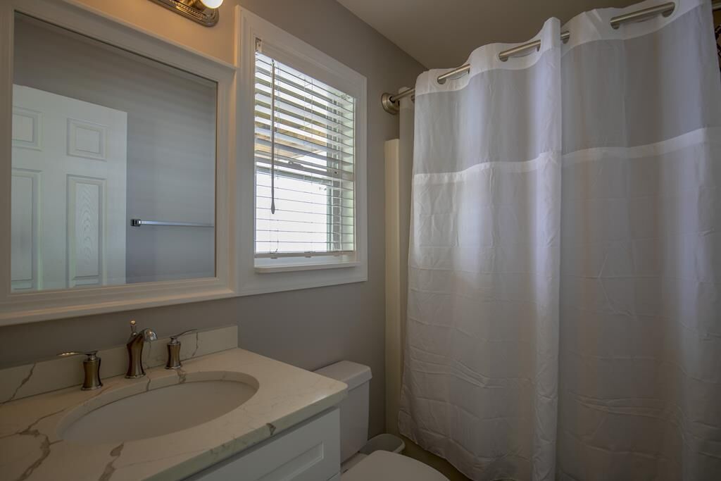 Une salle de bain avec un grand lavabo, un miroir, des toilettes et un rideau de douche.