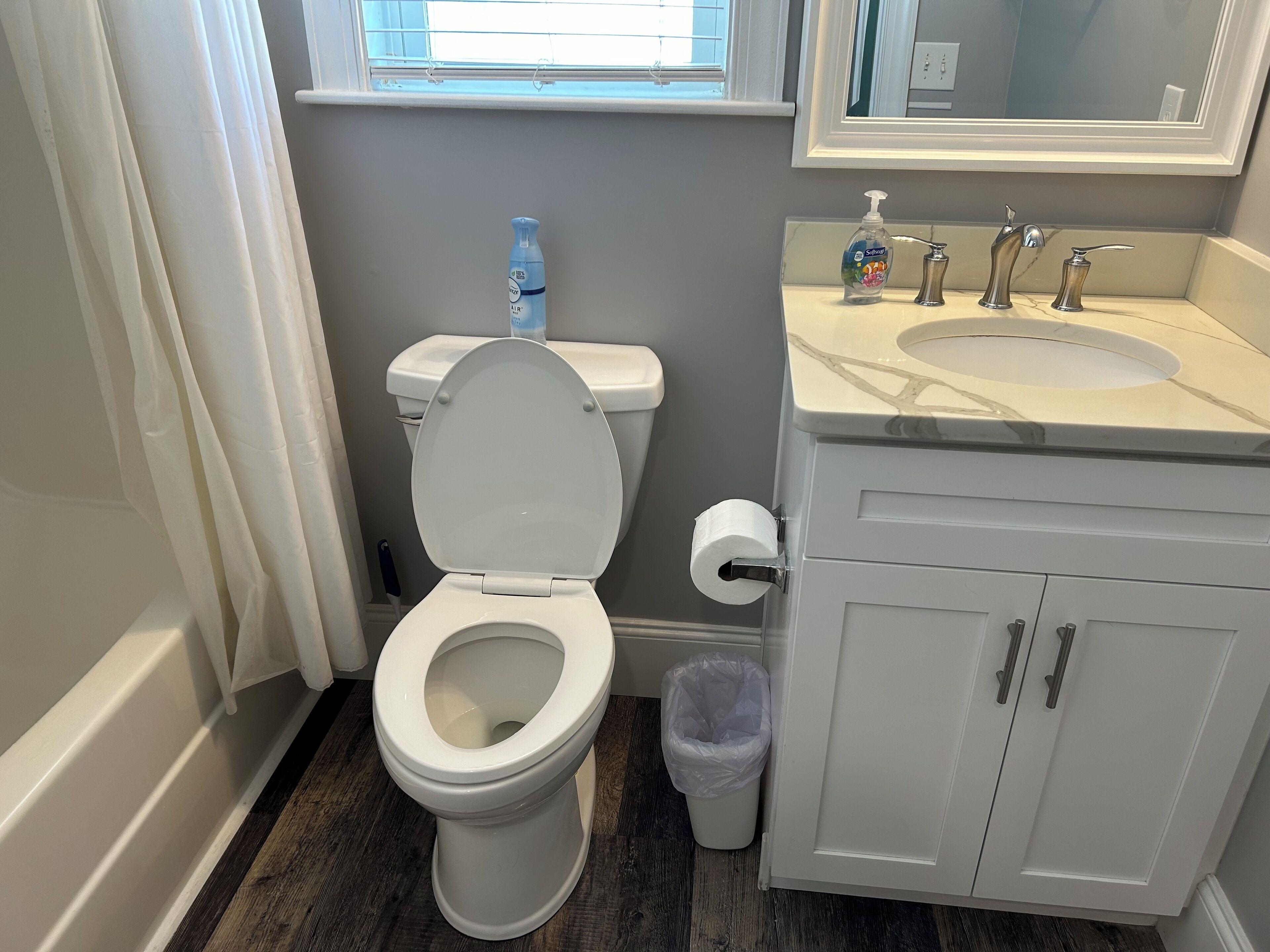 A bathroom with a toilet, a sink, and a mirror.