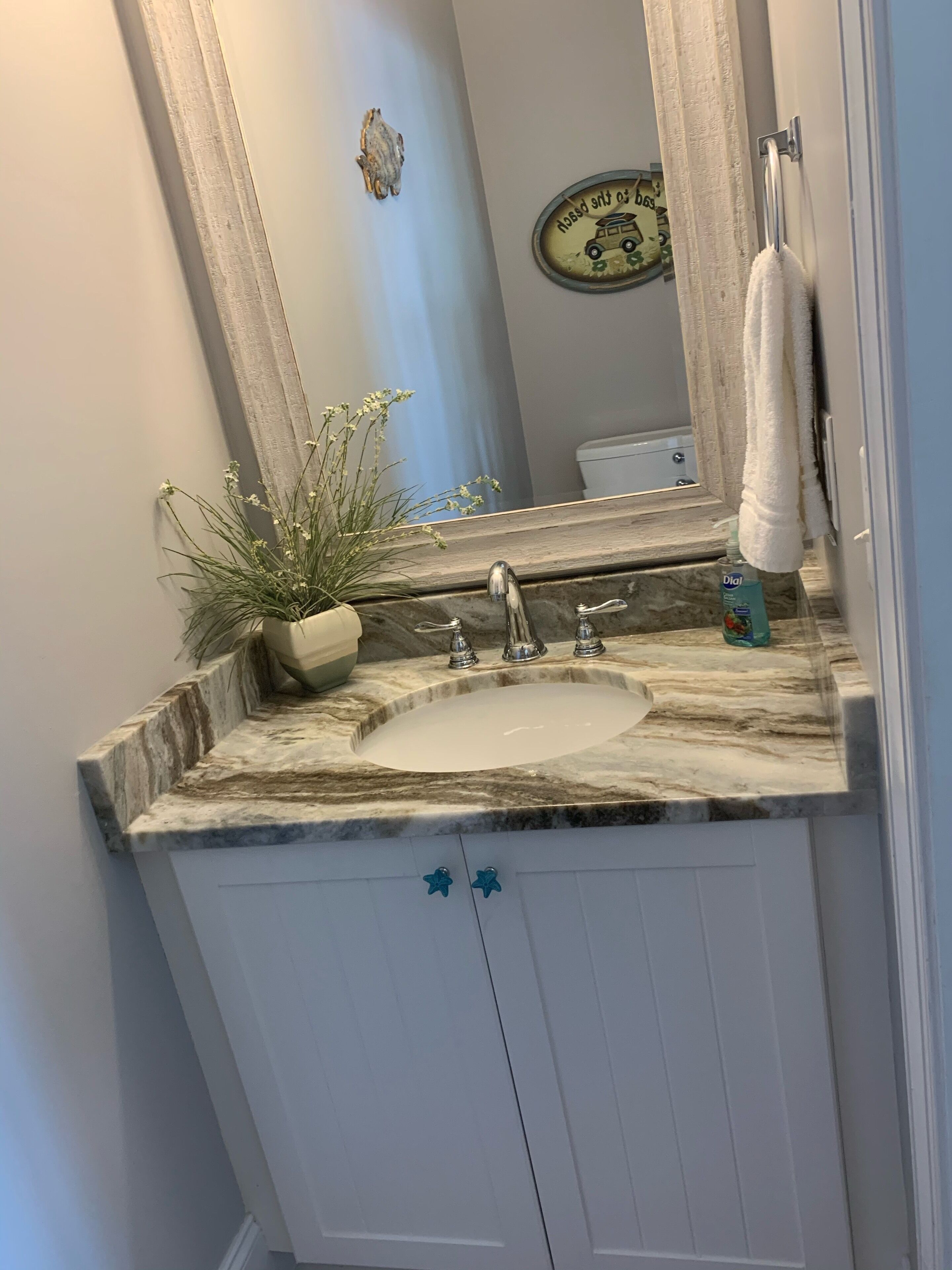 A bathroom with a marble sink, two faucets, a potted plant, and a towel rack.