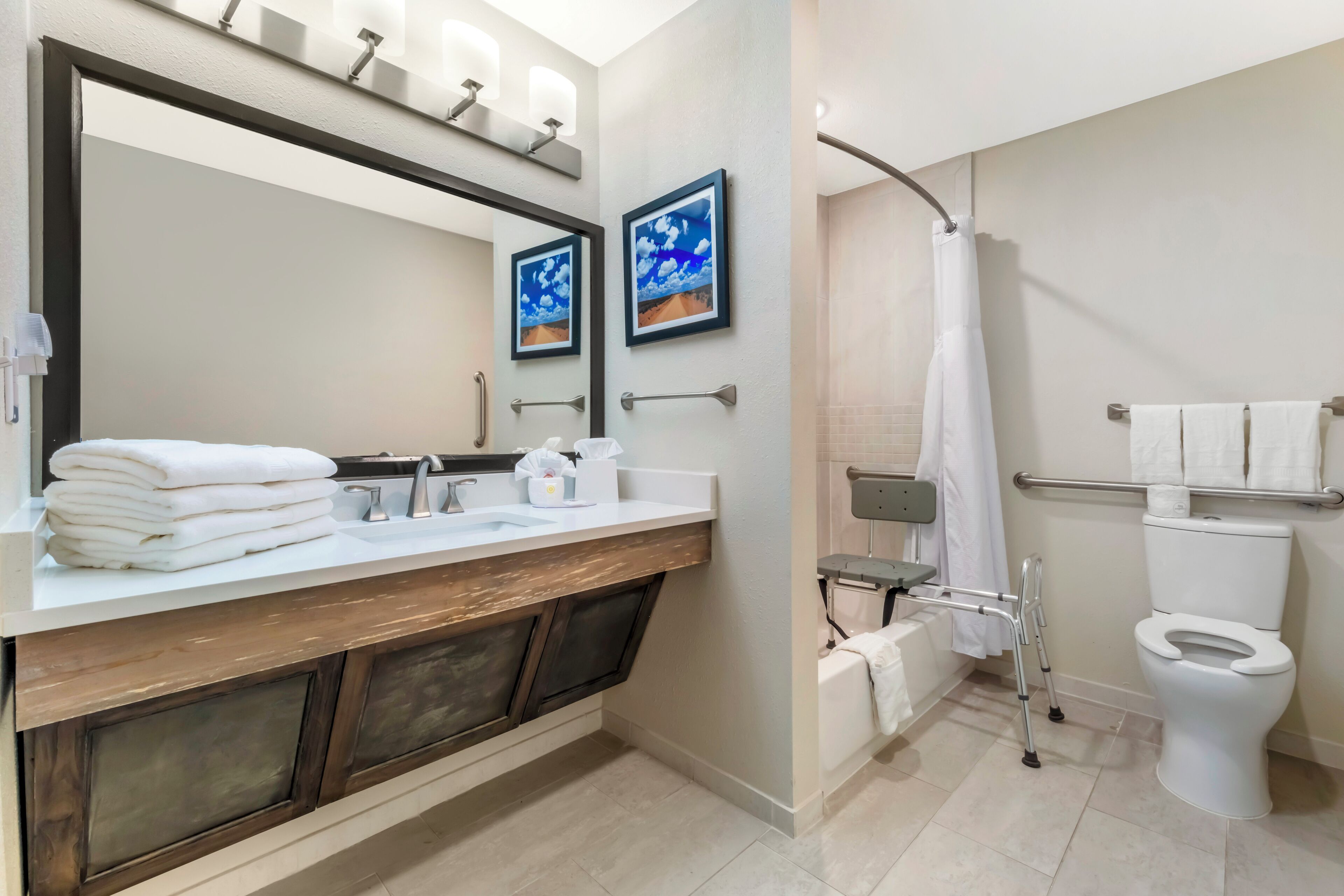 room, 1 king bed, accessible, non smoking | bathroom | shower, hair dryer, towels