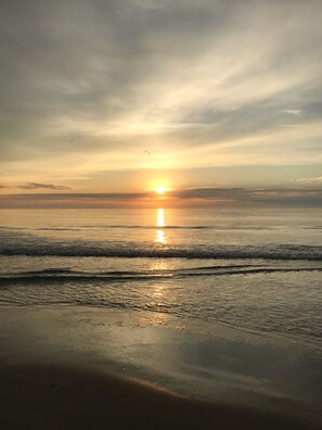 On the beach, sun-loungers, beach towels