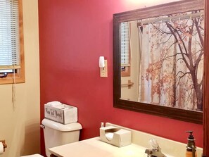 Combined shower/bathtub, hair dryer, towels, soap