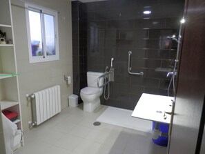 Ducha, secador de pelo, toallas, papel higiénico