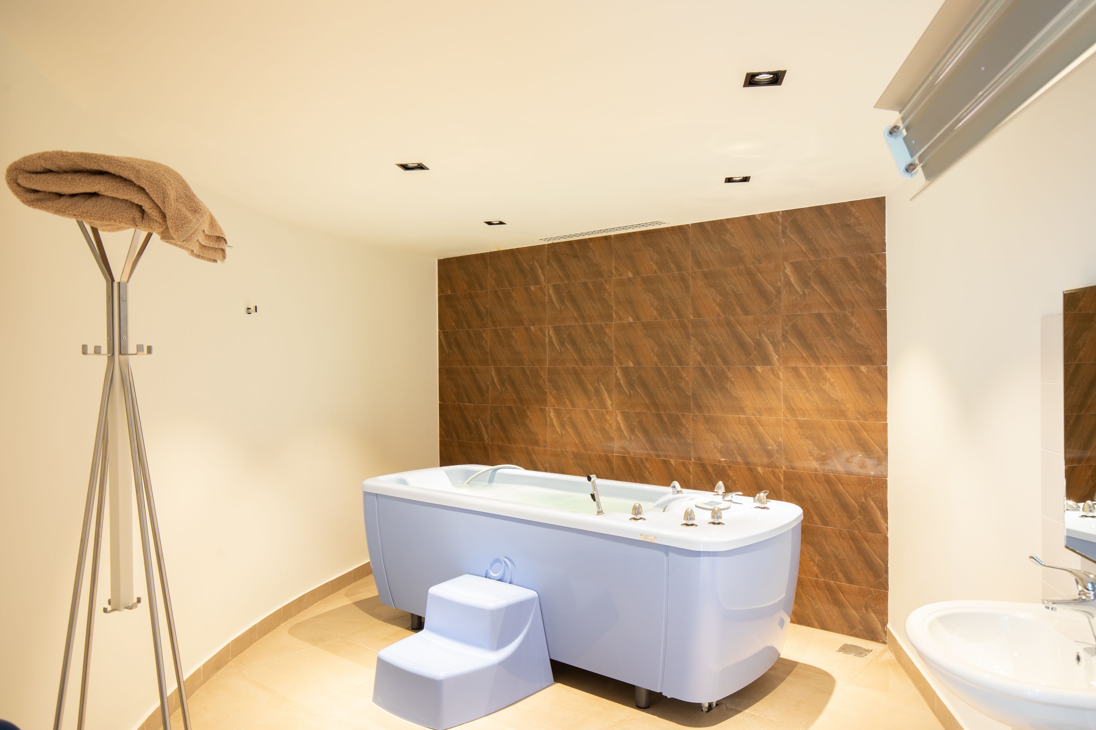A modern bathroom with a freestanding bathtub, a step stool, and a sink.