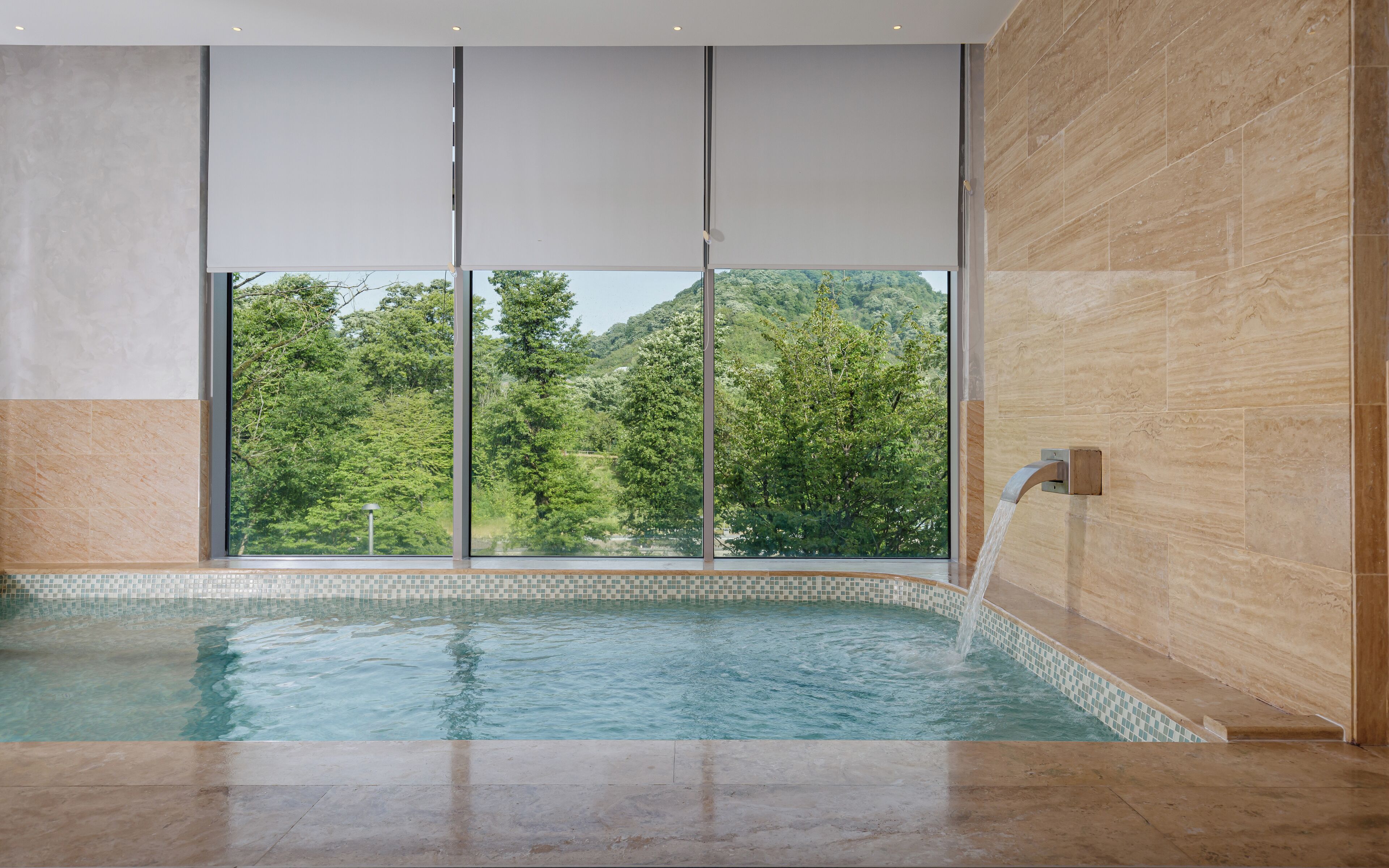 A modern indoor swimming pool with a view of a forested hillside through large windows.