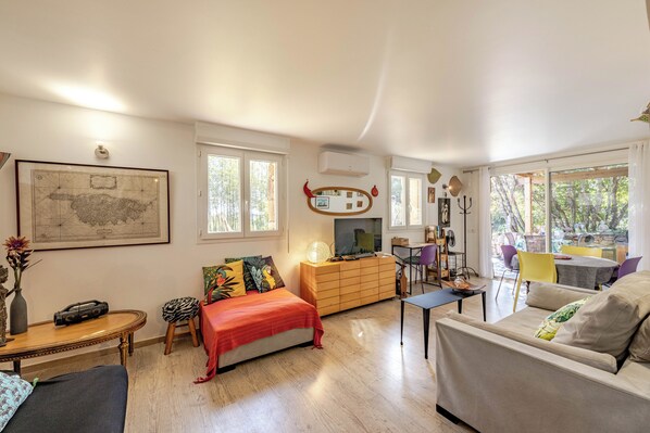 Smart TV, DVD player, books, music library