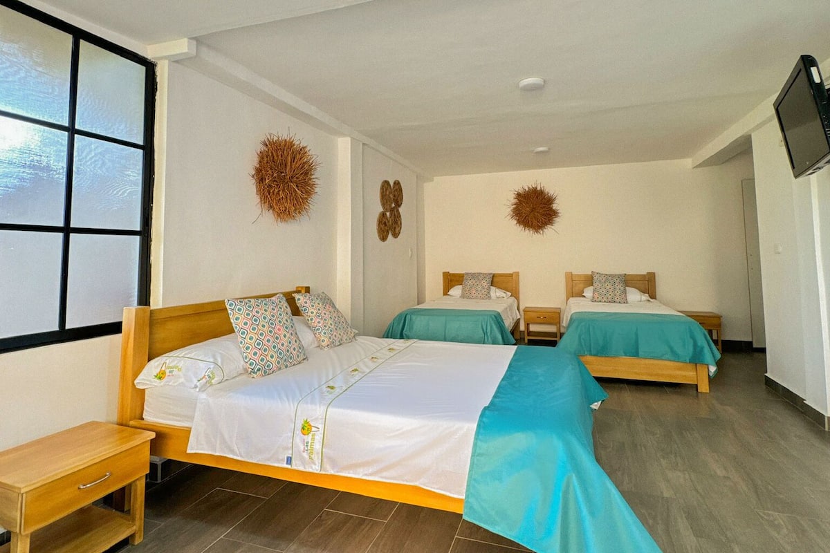 Habitación de hotel con dos camas, una mesita de noche de madera, un televisor montado en la pared y una ventana con vidrio esmerilado.