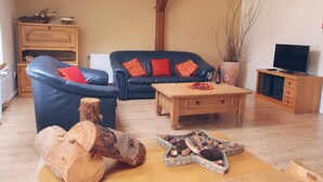 A living room with a blue sofa, wooden coffee table, and a television on a wooden stand. - Nostalgic renovated farmhouse in beautiful surroundings (Božanov)