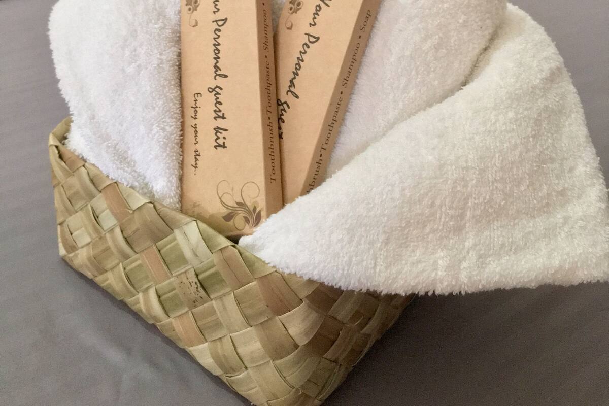 Shower, free toiletries, towels