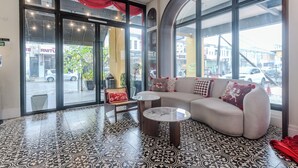 Um interior moderno com uma parede de vidro curva, um sofá com almofadas estampadas e um chão em mosaico.