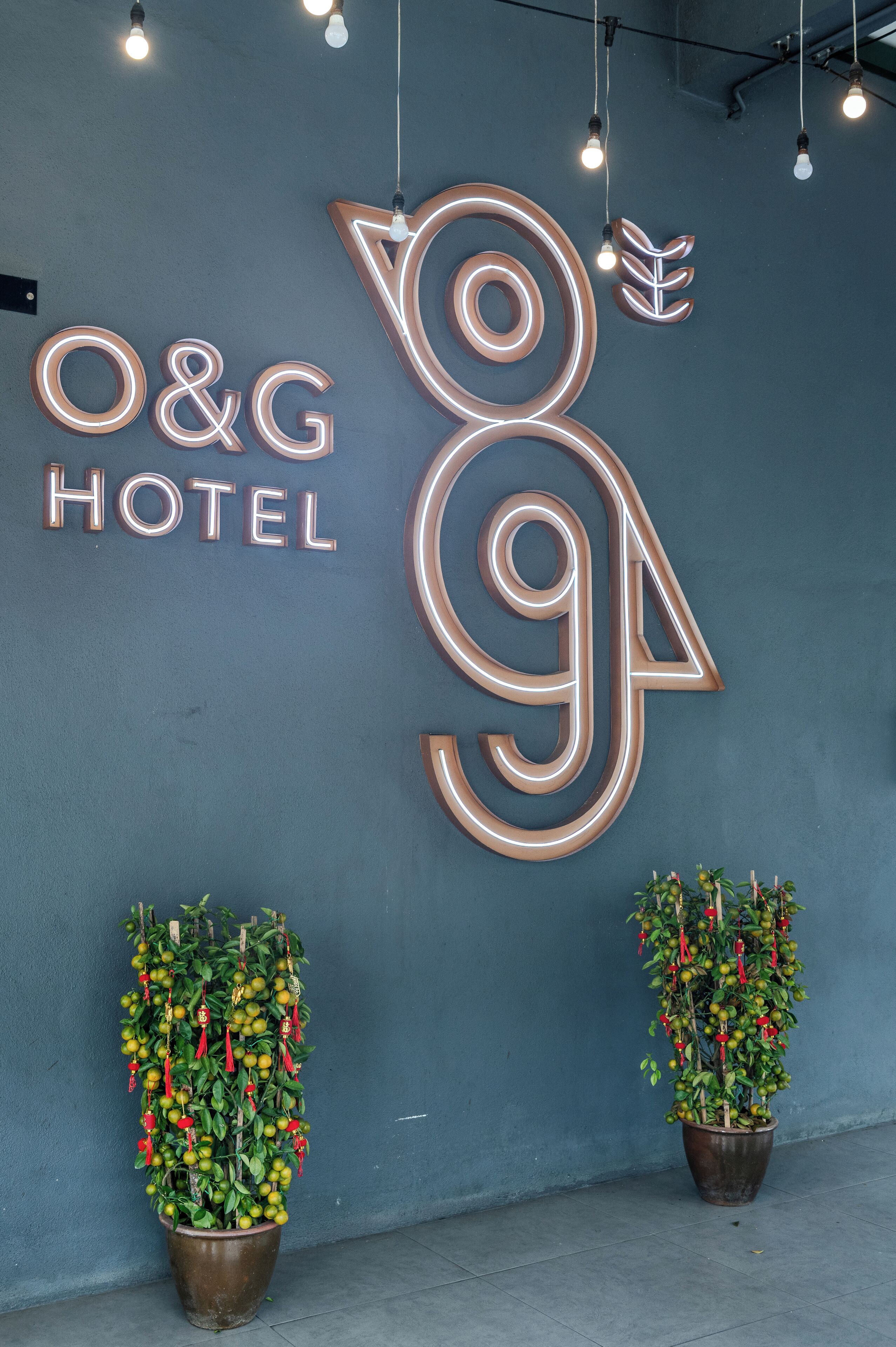 A neon sign for 'O&G Hotel' with two potted plants beside it.