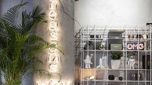 A modern interior with a neon sign, a potted plant, and a metal shelving unit with various items. - 14 Reasons Why (Athens)