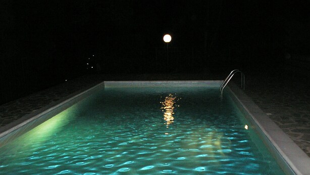 Une piscine la nuit, avec la lune visible en arrière-plan.