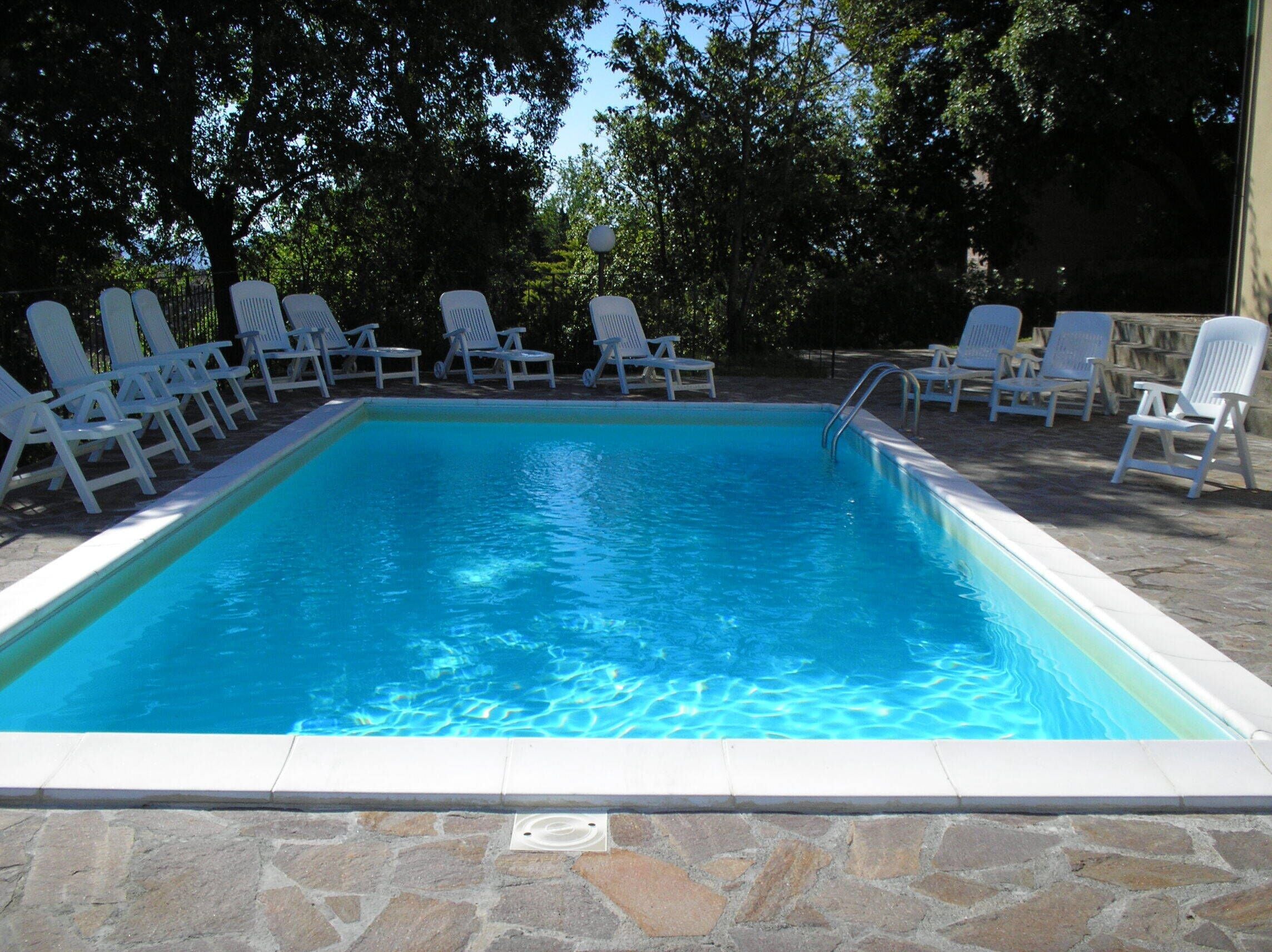 Une piscine rectangulaire à l’eau d’un bleu cristallin, entourée de chaises longues blanches.