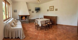 Une pièce avec une cheminée, un canapé, une table à manger avec des chaises et un téléviseur fixé au mur.