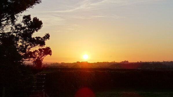 A sunset over a landscape with trees silhouetted against the sky. - The Dairy at High House (Yeovil)