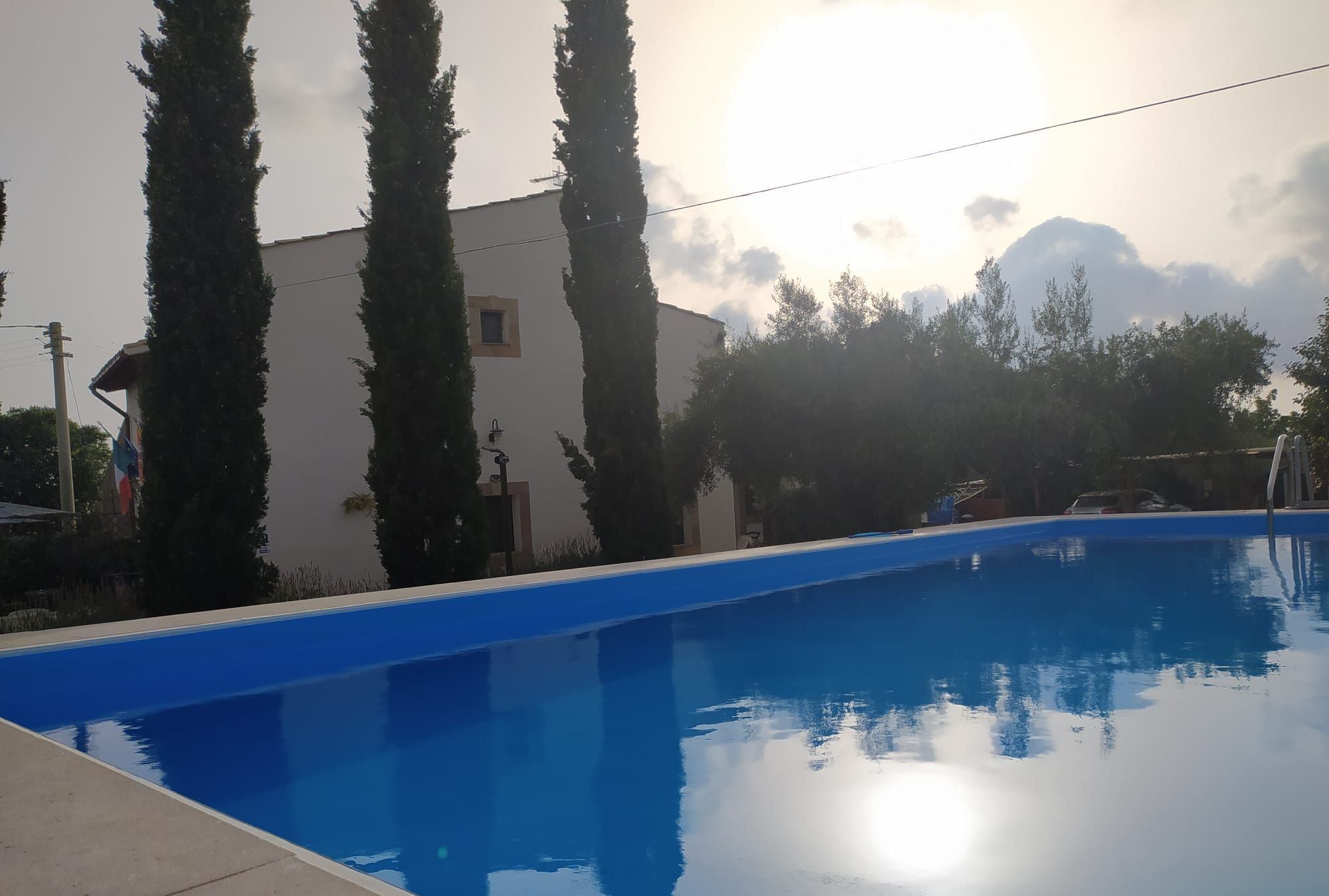 Une piscine à l’eau d’un bleu limpide, entourée de grands arbres et avec un bâtiment visible au loin.