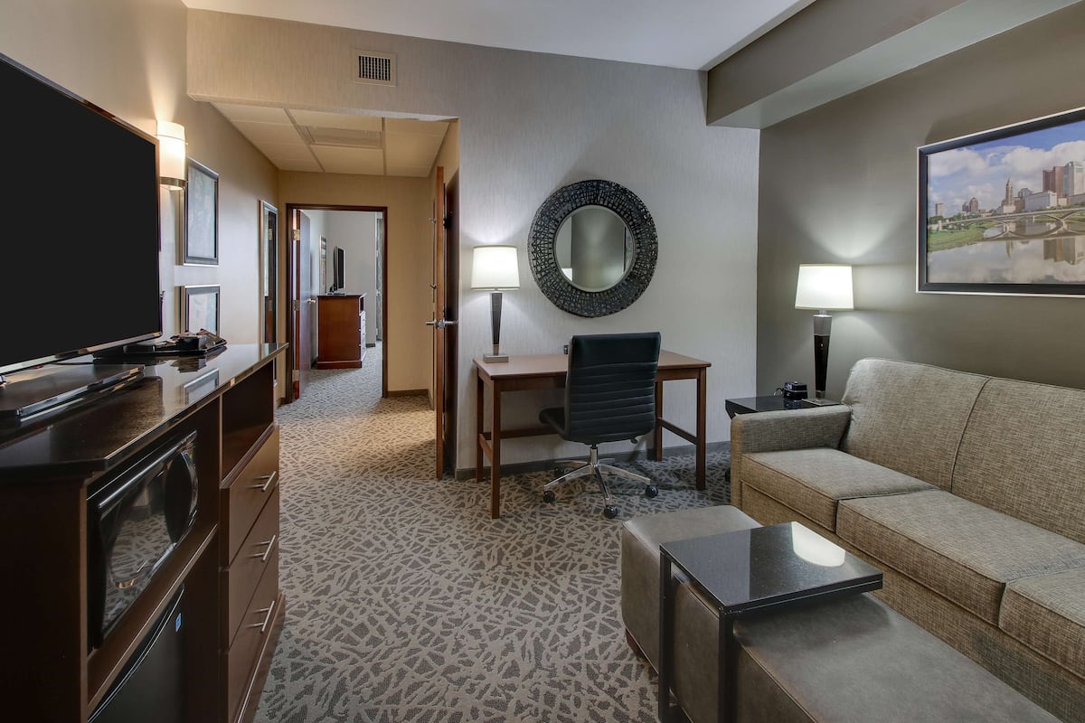 1 bedroom, desk, blackout drapes, iron/ironing board