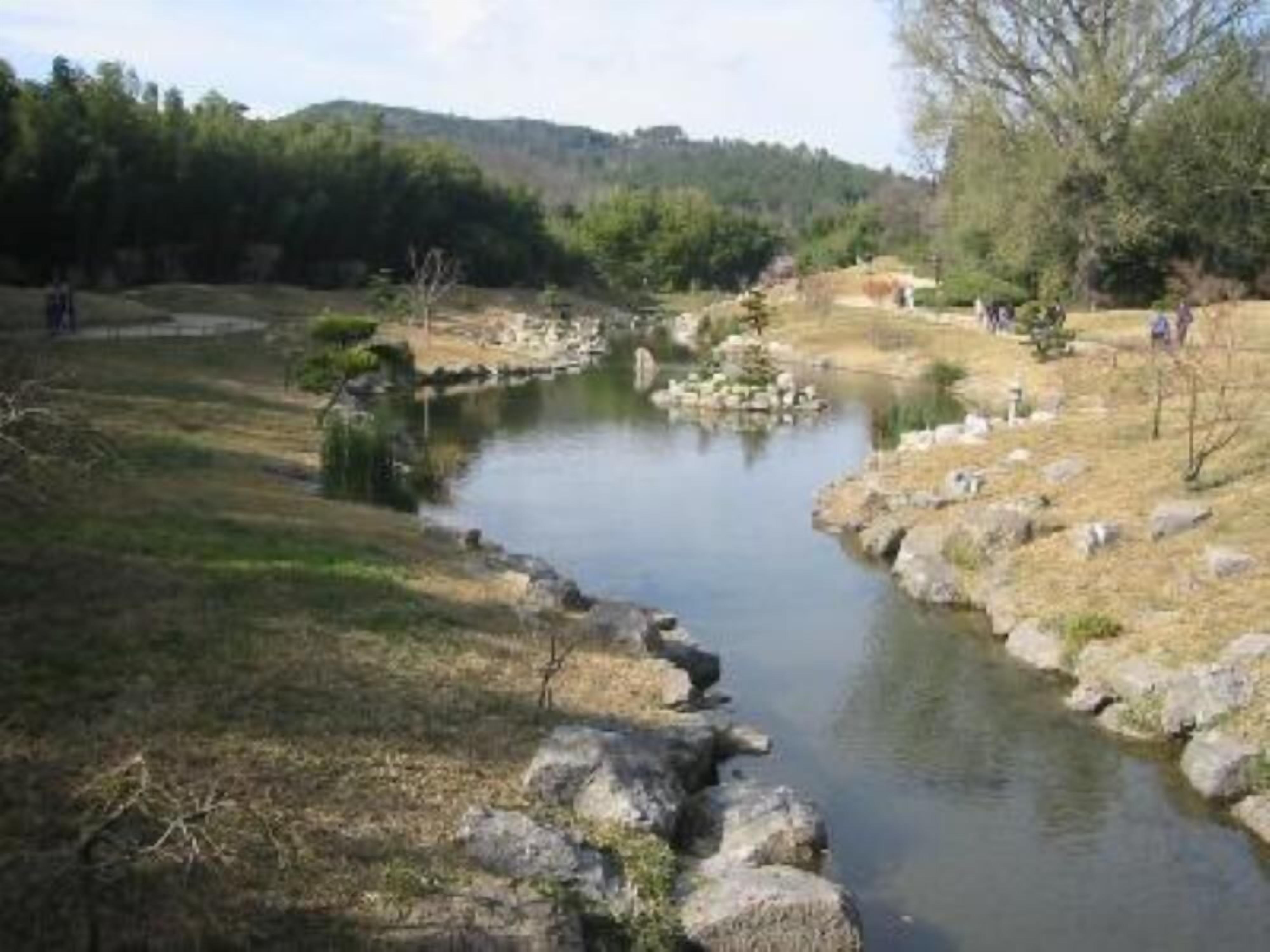 Een natuurlijk landschap met een rivier, rotsachtig terrein en bomen.