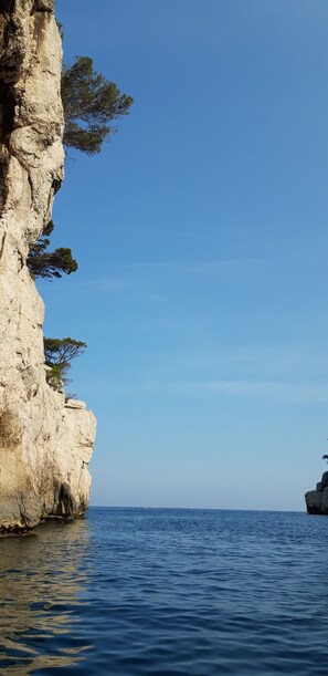 Une falaise côtière à la végétation clairsemée, bordant une mer calme.