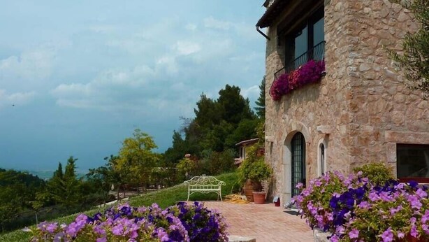 Un bâtiment en pierre avec un sentier de jardin menant à une porte, entouré d’une végétation luxuriante et de fleurs violettes.