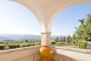 Un jarrón grande en una construcción de piedra con vistas a un viñedo y montañas.