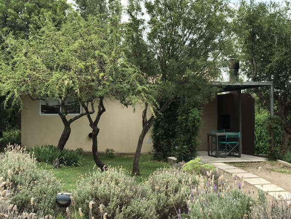 A garden with trees, a patio, and a building with a window and a door.