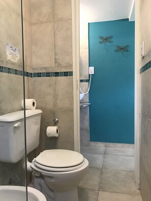 A bathroom with a toilet, bidet, and a shower area.